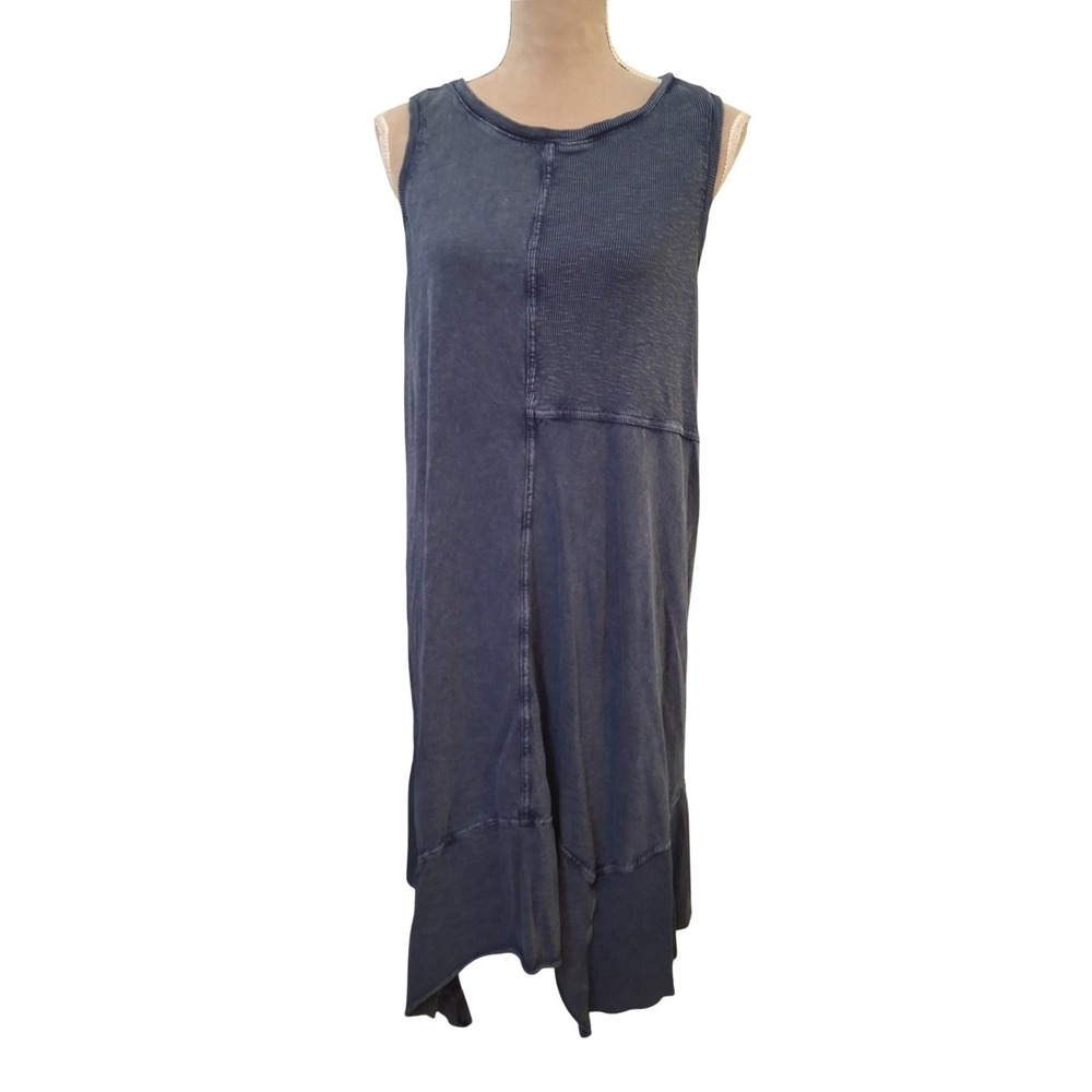 New Directions Womens XL Blue Cotton Sleeveless Asymmetric Midi Dress Ribbed Mix